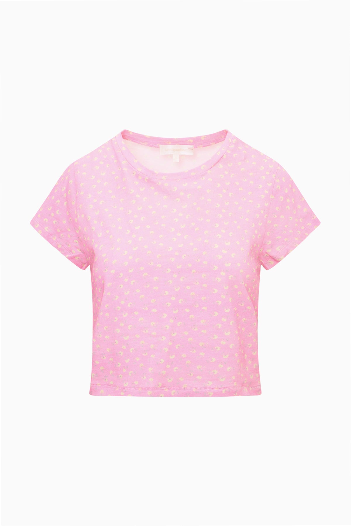 Pink ditsy floral cropped tee with short sleeves and crew neckline