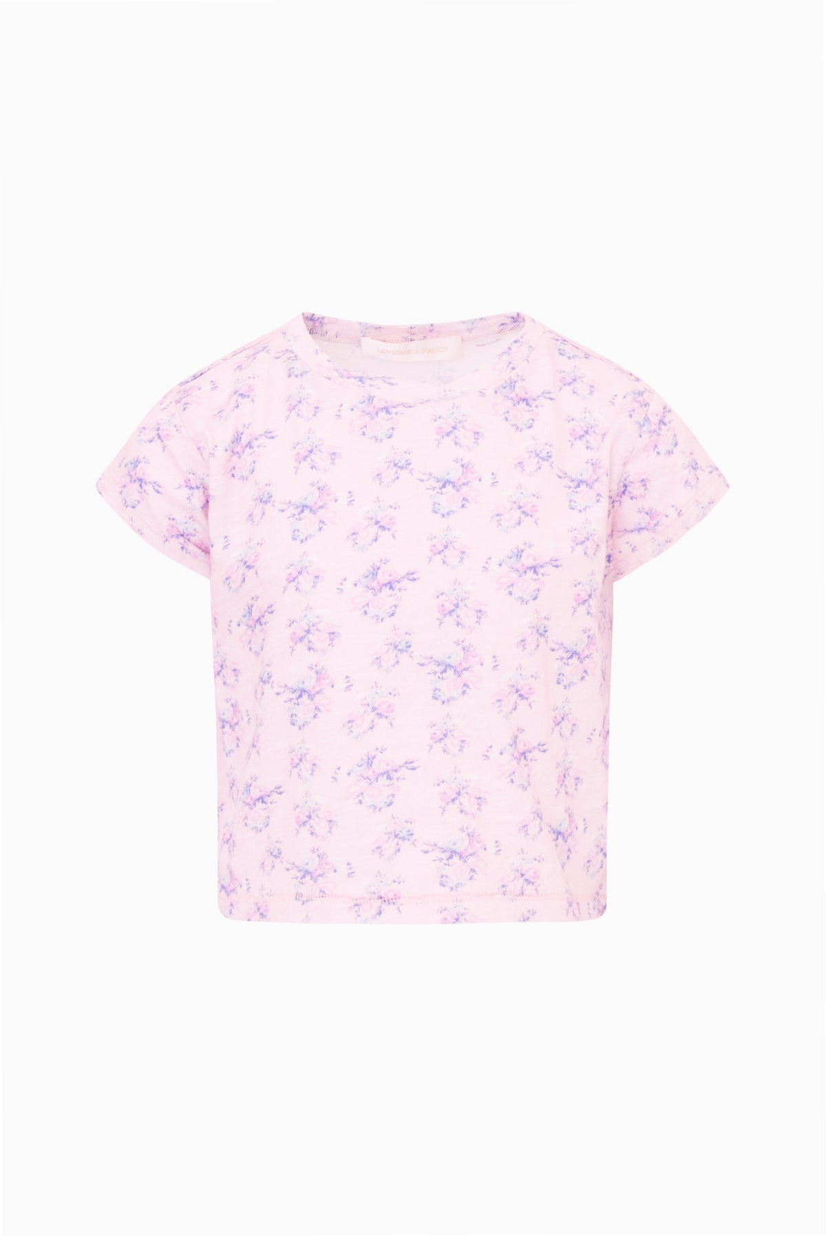 Lilac-mauve cropped T-shirt, short sleeves, crew neck, all-over floral print