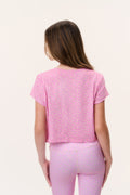 Girls pink ditsy floral short-sleeve crew-neck tee, back view