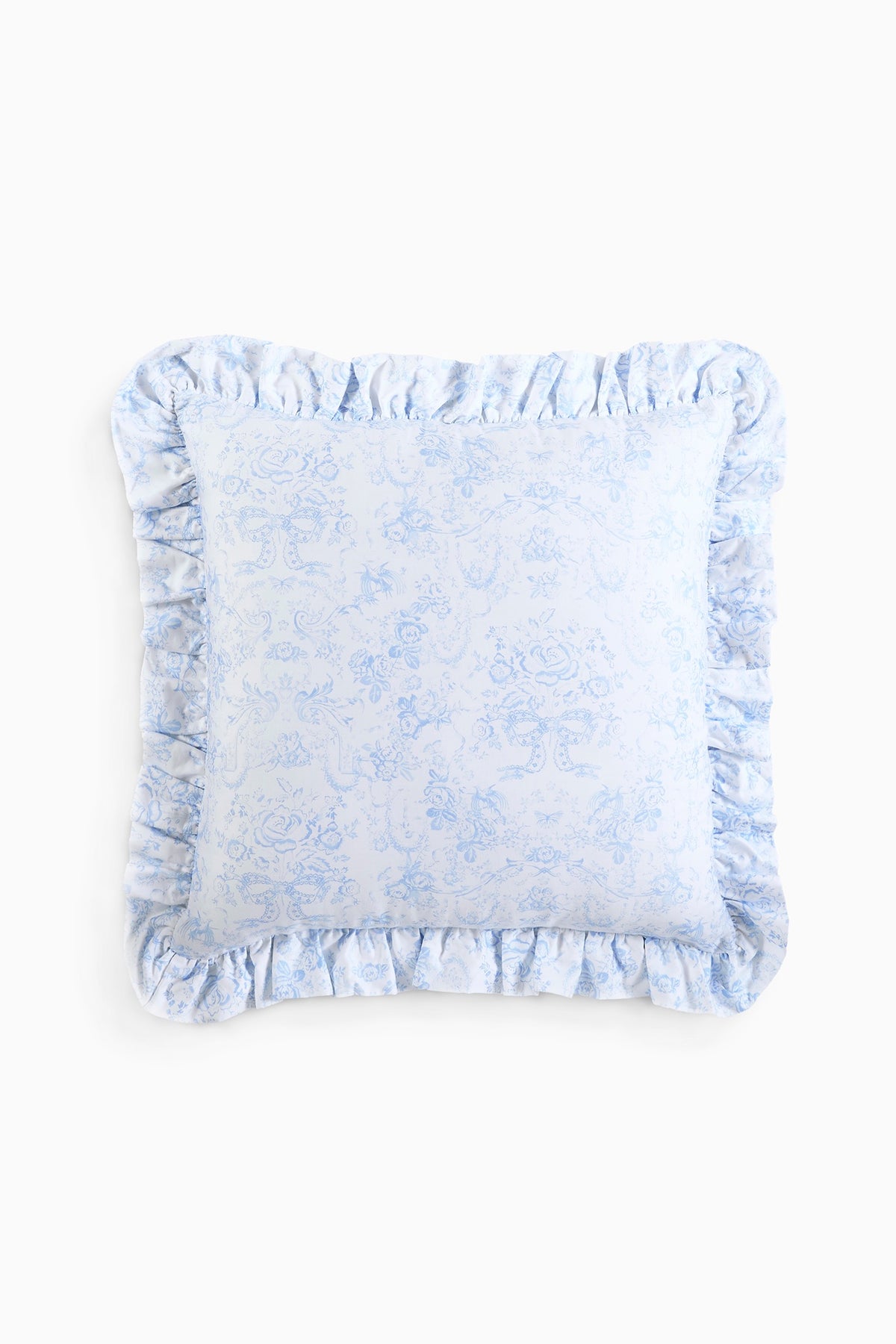 Light blue patterned ruffle throw pillow, square with gathered ruffled edge detail
