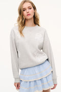 Light gray heather fleece sweatshirt with lace floral patches, crew neck, long sleeves