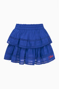 Royal blue ruffle mini skirt with tiered layers and embroidered logo hem.
