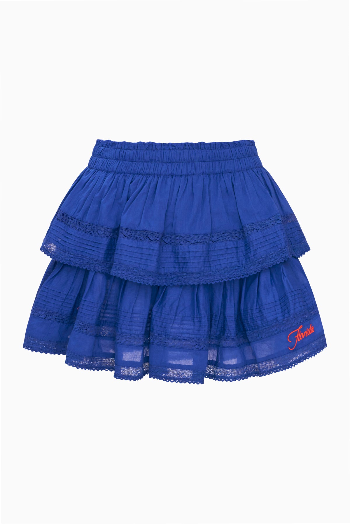Royal blue ruffle mini skirt with tiered layers and embroidered logo hem.