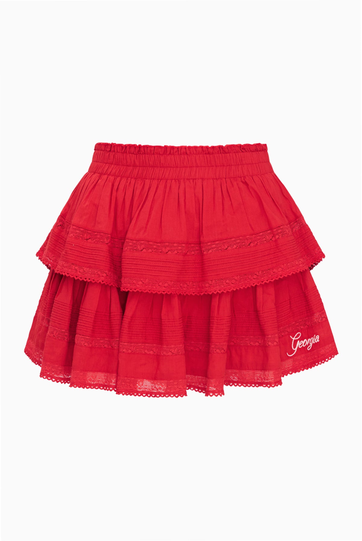 Red tiered ruffle mini skirt with wide elastic waistband