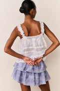 Tiered ruffle mini hand-dyed skirt in indigo ice, blue ombre tiers