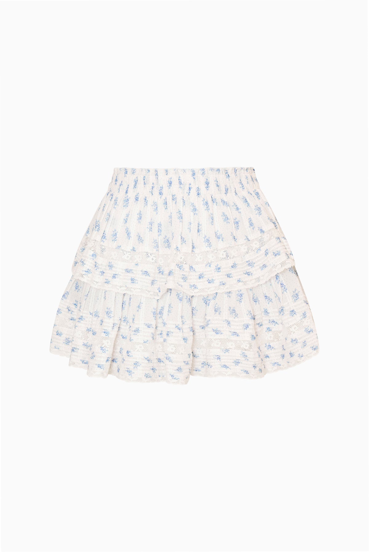 Blue printed tiered ruffle mini skirt with elastic waist