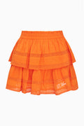 Bright orange tiered ruffle mini skirt with elastic waist and “Miami” on hem