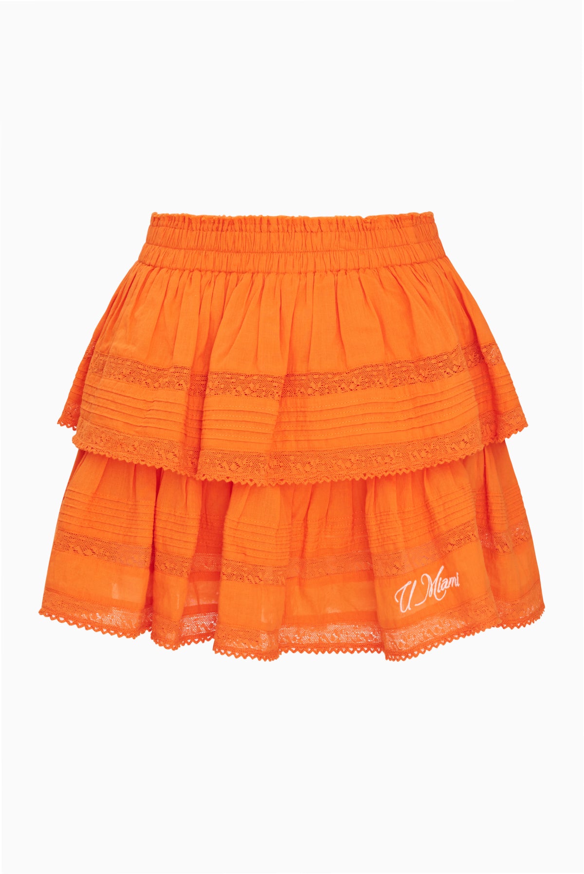 Bright orange tiered ruffle mini skirt with elastic waist and “Miami” on hem