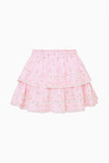 Pink floral ruffle mini skirt, flat lay view with tiered ruffles