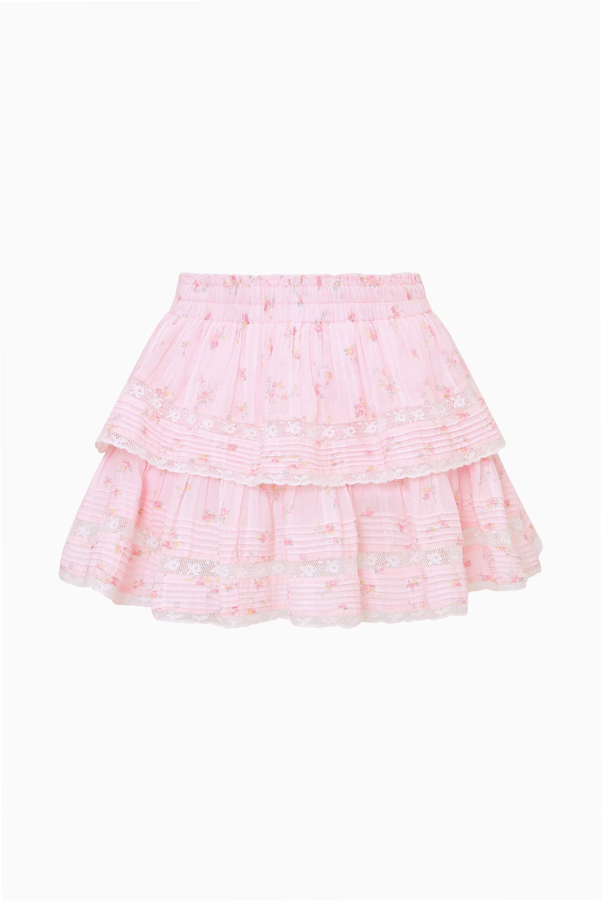 Pink floral ruffle mini skirt, flat lay view with tiered ruffles