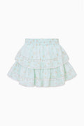 Celadon floral ruffle mini skirt, flat lay view with tiered ruffles