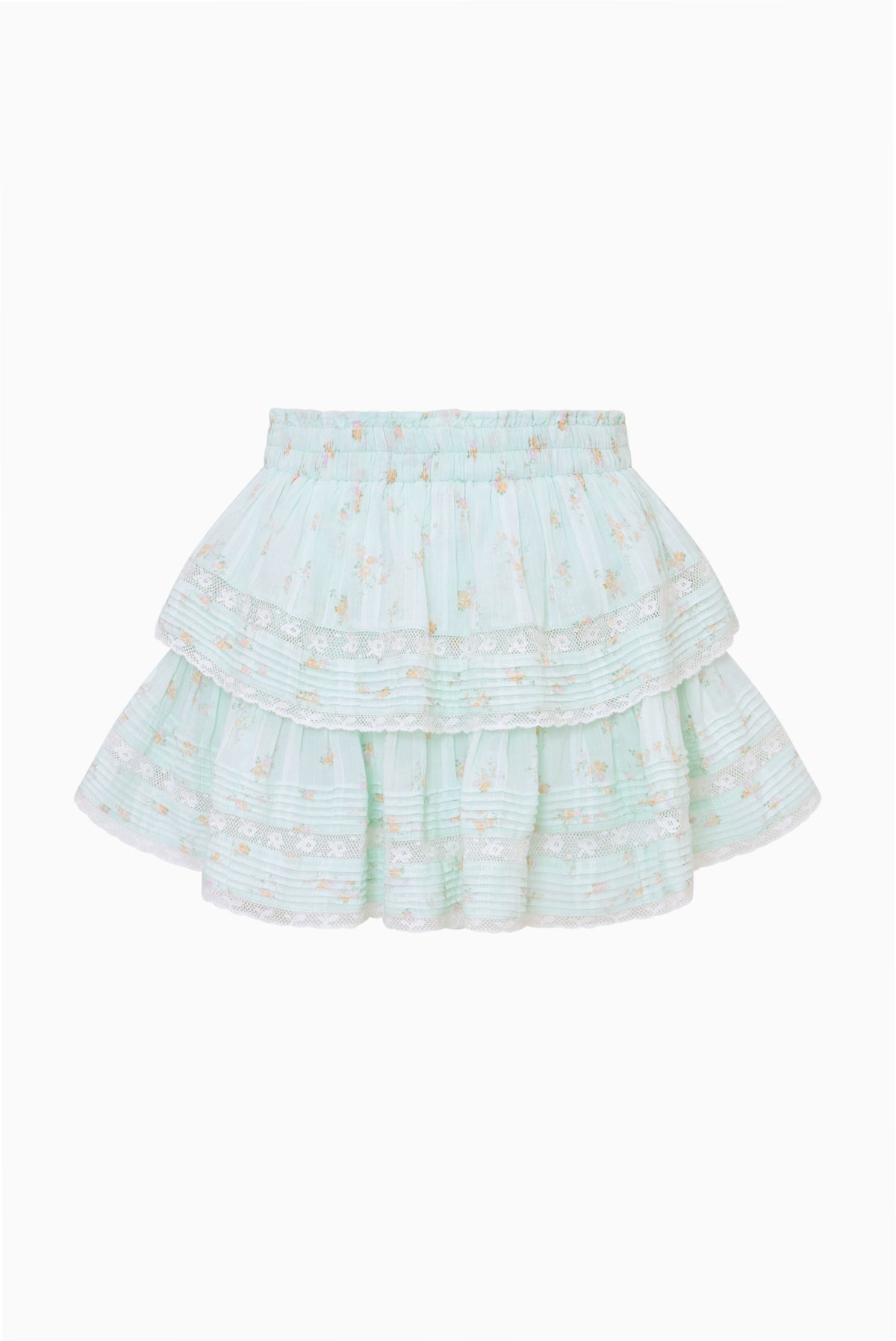 Celadon floral ruffle mini skirt, flat lay view with tiered ruffles