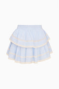 Chambray blue cotton ruffle mini skirt with tiered flounces and scalloped hem