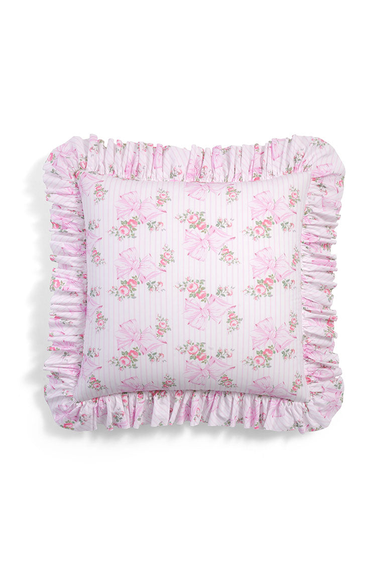 Pink floral ruffle throw pillow, square with gathered ruffled trim and stitched border