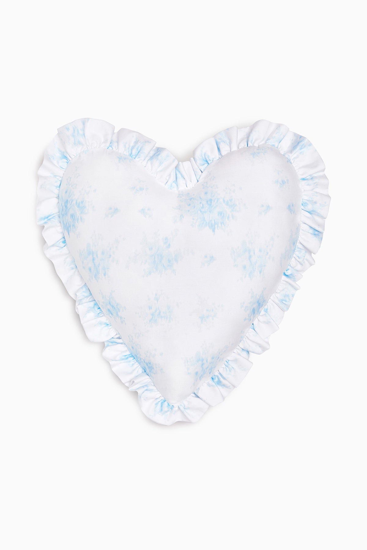 Light blue ruffle heart pillow with floral pattern and frilled edges