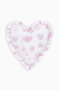 Pink ruffle heart pillow with floral pattern and frilled edges