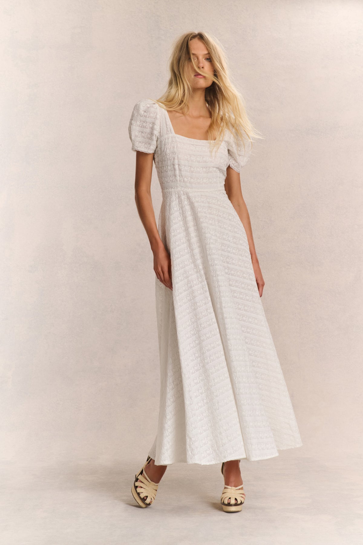 Ivory lace maxi dress with square neckline and puff sleeves