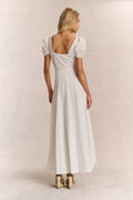 Ivory backless lace maxi dress with square back and puff sleeves