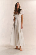 Ivory textured lace maxi dress with puff sleeves and square neckline