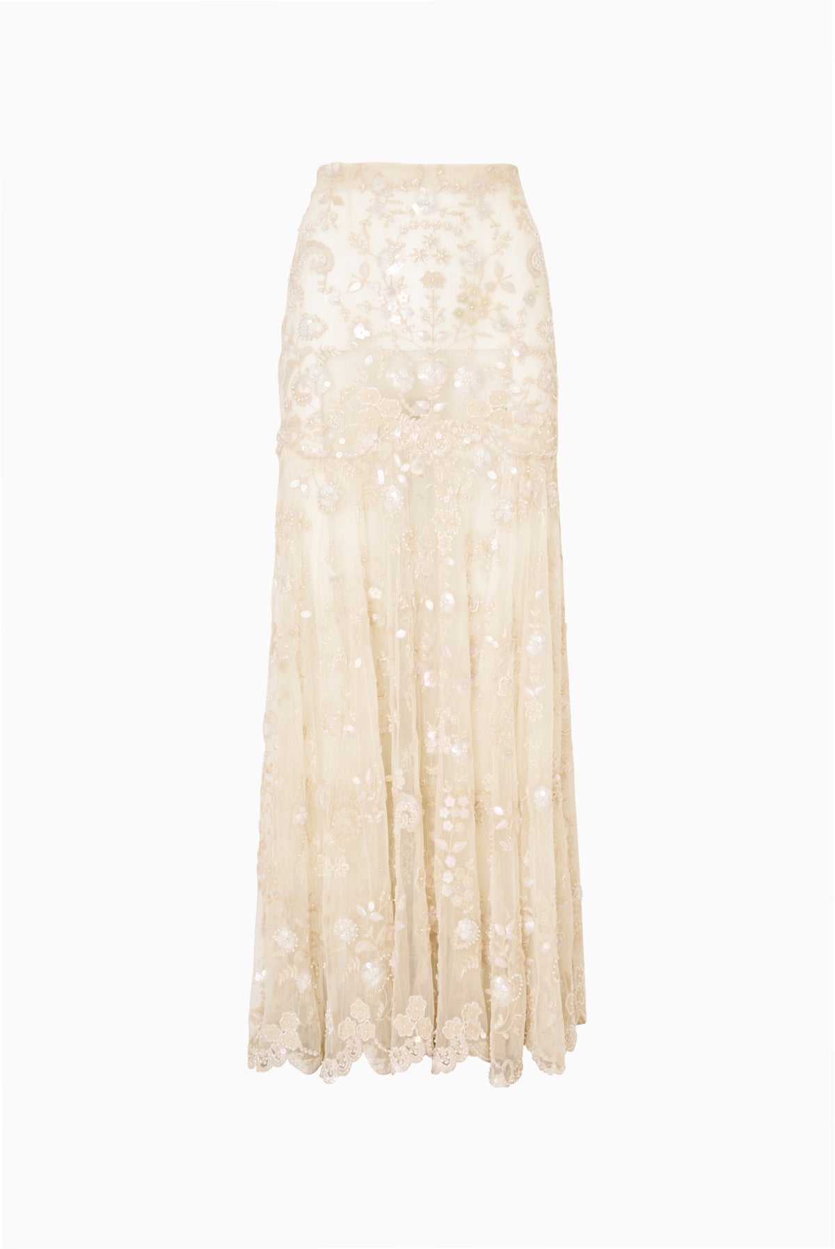 Ryana pearl-embroidered mesh maxi skirt, light beige allover embroidery, floor-length