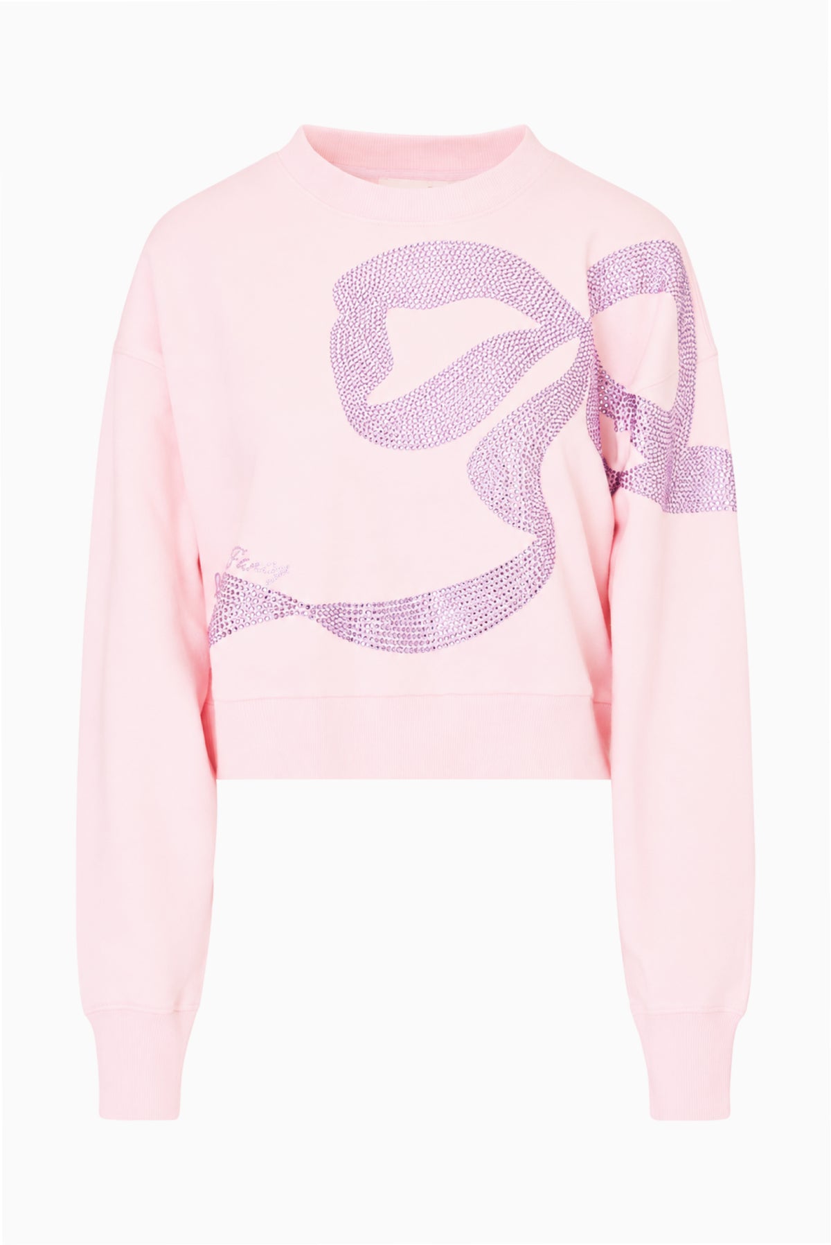 Primrose pink pullover sweater with rhinestone bow front