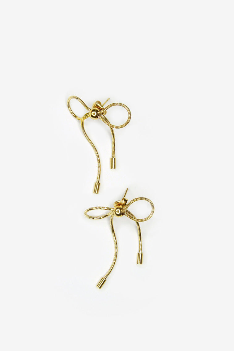 Gold bow drop earrings with two dangling bar charms