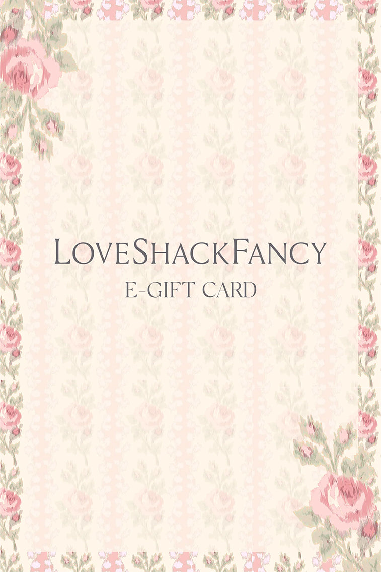 LoveShackFancy e-gift card with floral pattern and “E-Gift Card” text
