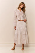 Pale lilac cotton eyelet midi skirt with tiered panels and scalloped hem
