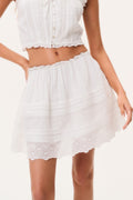 White cotton Victorian mini skirt with elastic waist and lace-trim hem