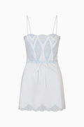 Light blue lace-detailed mini slip dress with spaghetti straps and scalloped hem