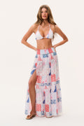 Patchwork print maxi skirt with tiered layers, red, white, and blue