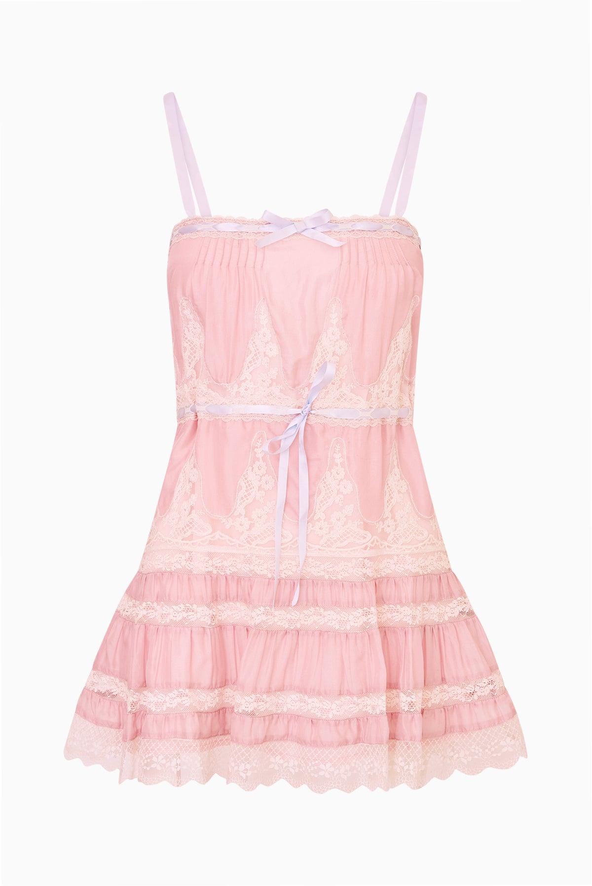 Pink lace mini dress with thin spaghetti straps and tiered ruffle hem