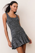 Black sequined sleeveless mini dress with scoop neckline and flared hem
