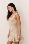 Honey gold sequin mini dress with scooped square neckline and flared hem
