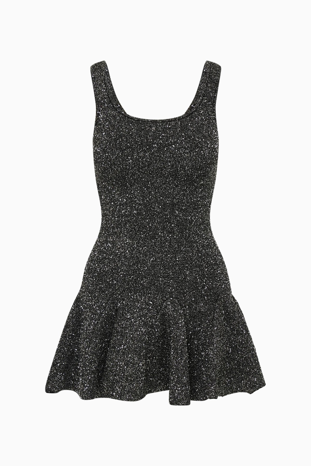 Black sequined mini dress, sleeveless square neckline, flared skirt hem