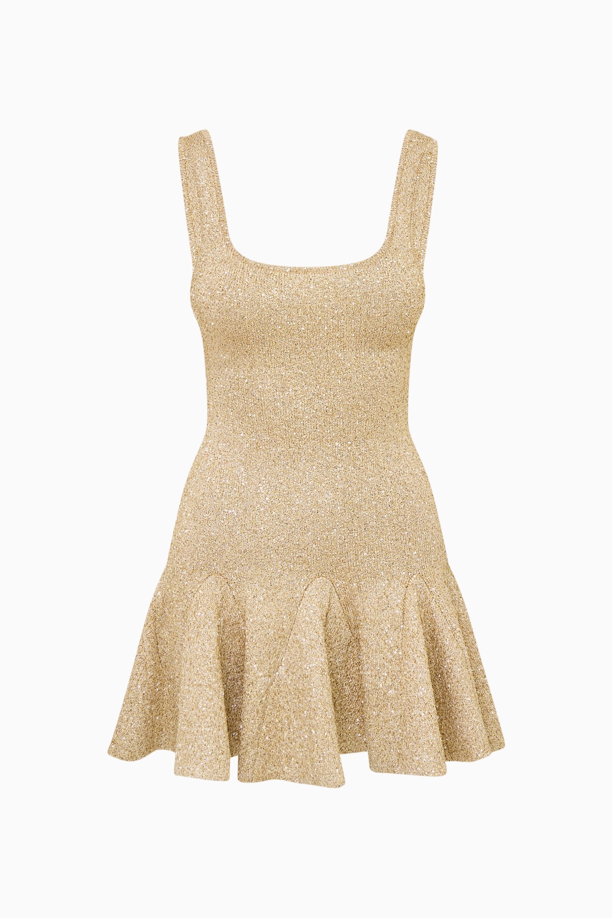 Honey gold sequined mini dress, square neckline, sleeveless, flared skirt hem