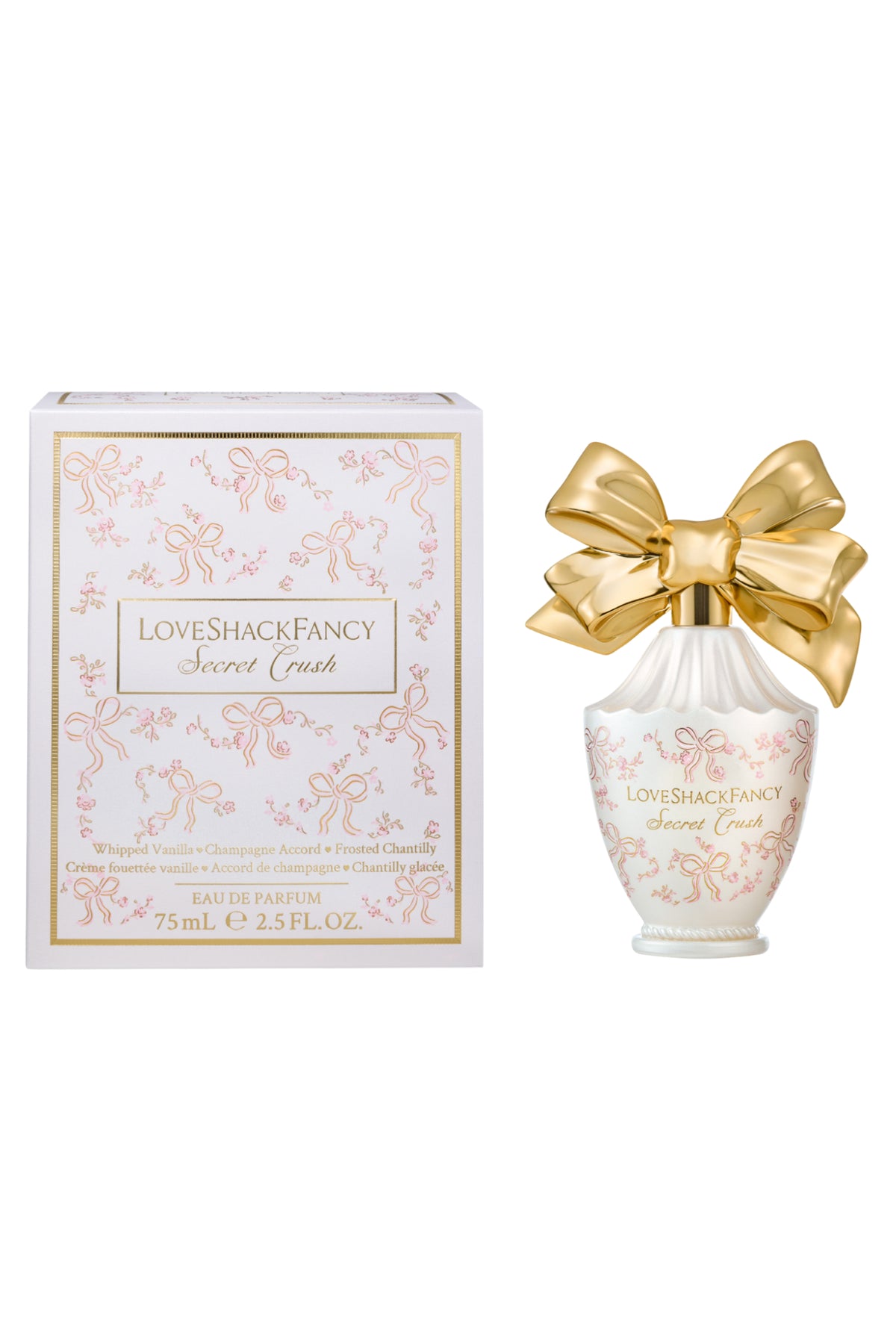LoveShackFancy eau de parfum set: pink floral box and bottle with gold bow