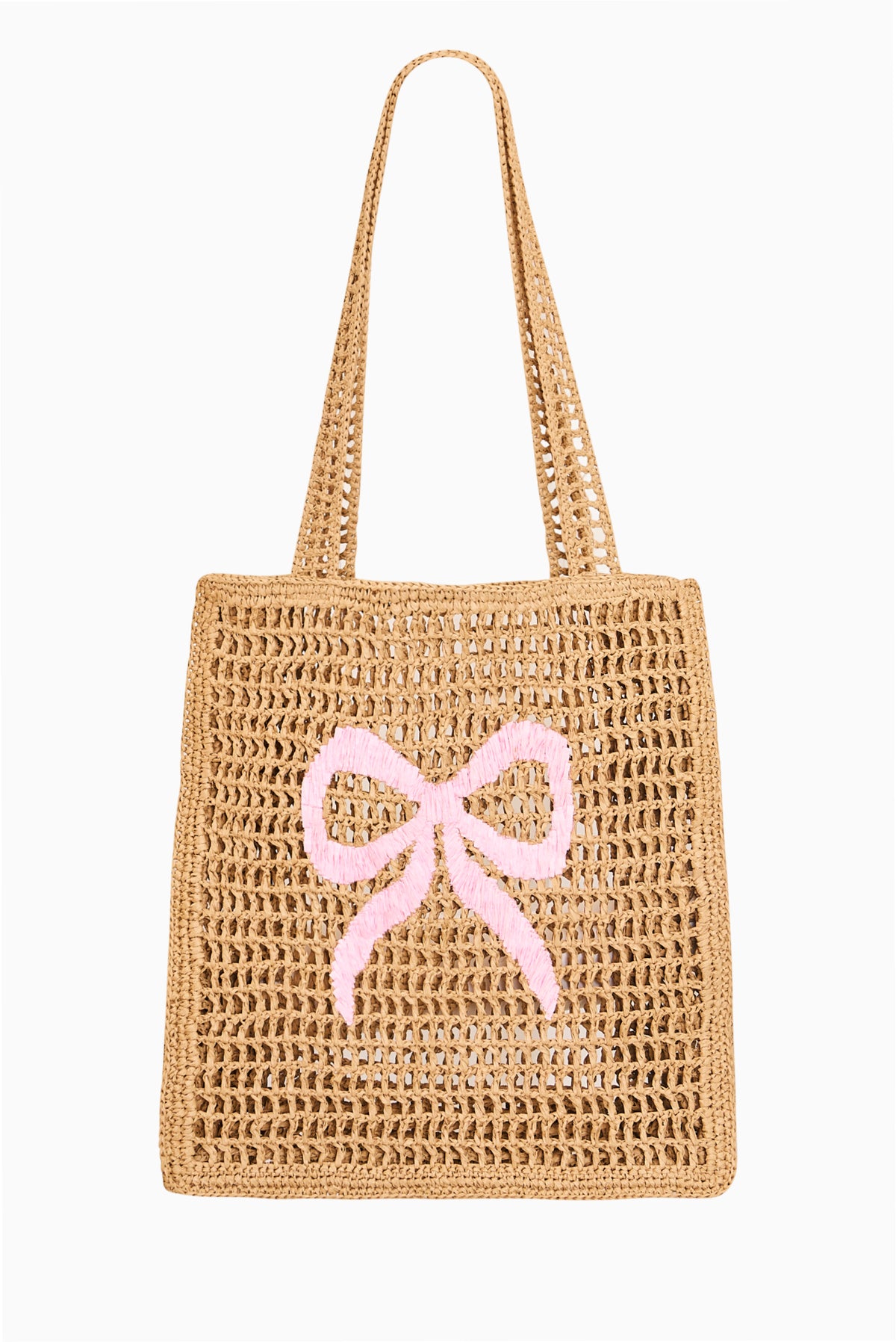 Natural straw beach tote with pink bow applique and woven mesh body