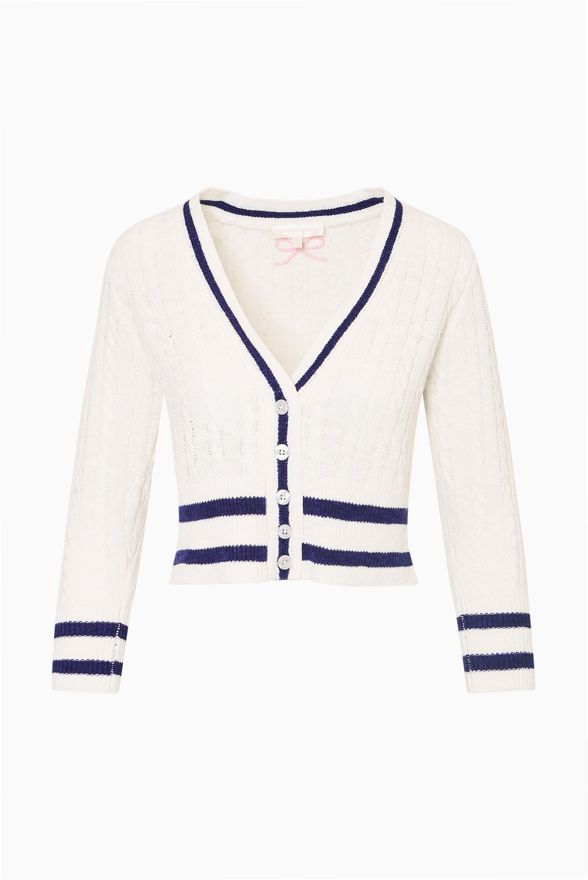 Ivory cable-knit cardigan with V-neck navy trim and button front