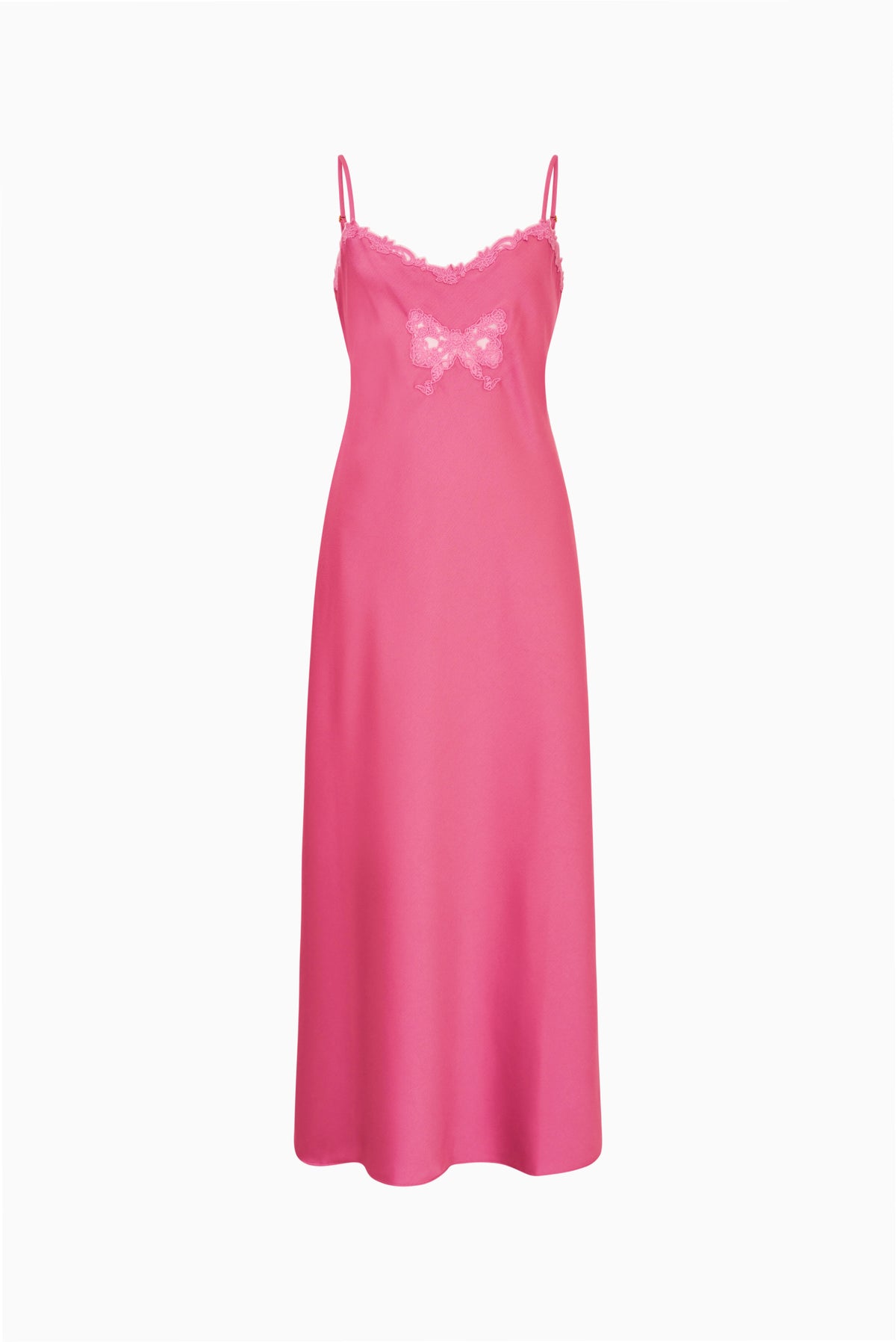 Pink maxi dress with lace trim and bow applique on the front