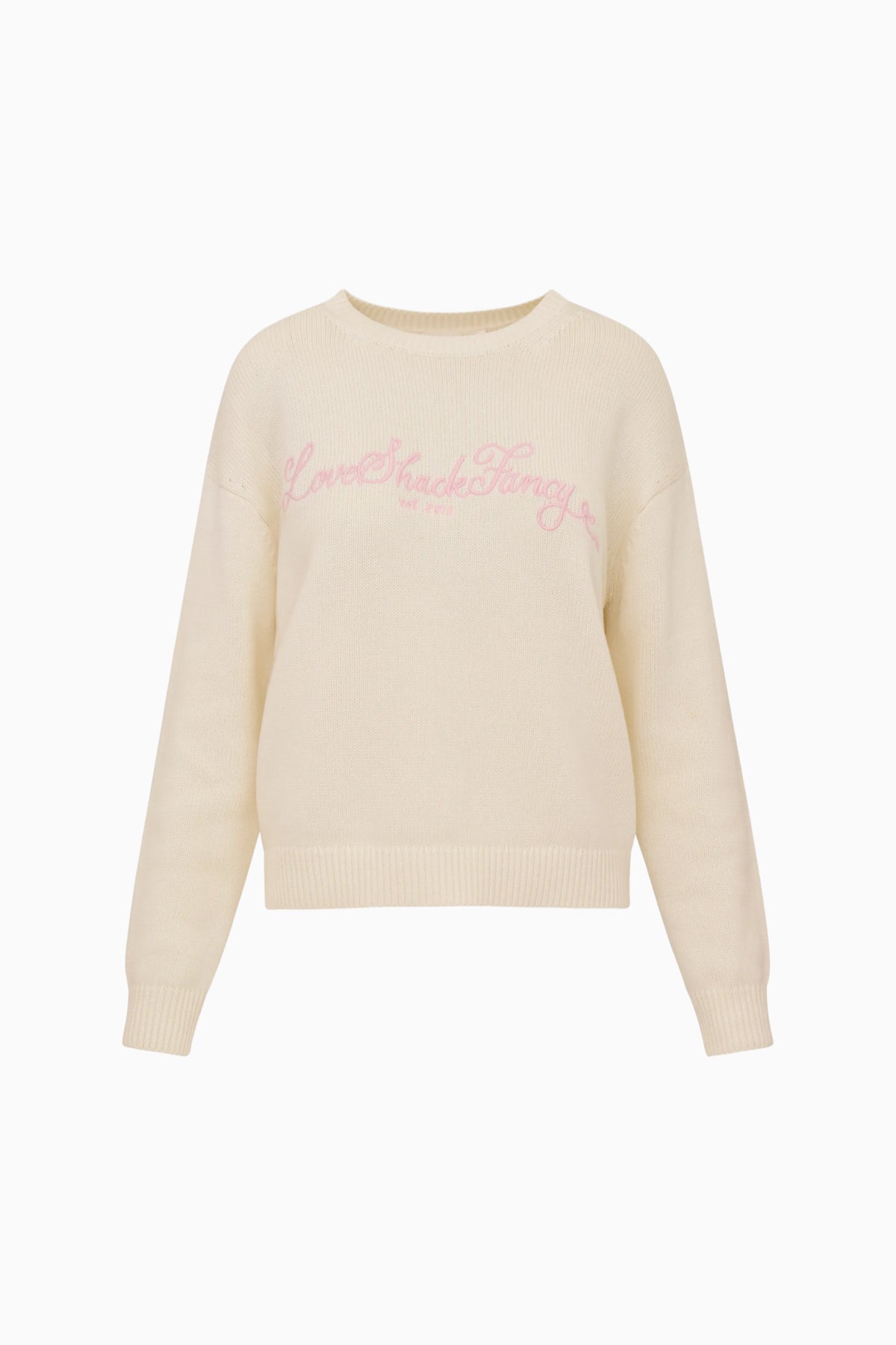 Cream cotton pullover with crew neck, ribbed cuffs, and pink embroidered script