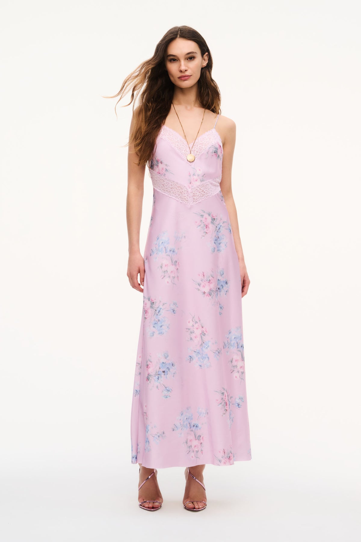 Satin lace-trim maxi dress with spaghetti straps, V-neck, buffed rose blue floral print