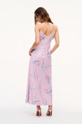 Buffed rose satin maxi dress with lace-trim spaghetti straps and blue floral print