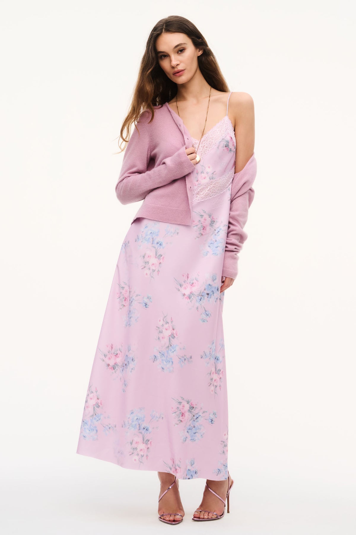 Buffed rose satin maxi dress with lace-trim bodice and blue floral print, spaghetti straps