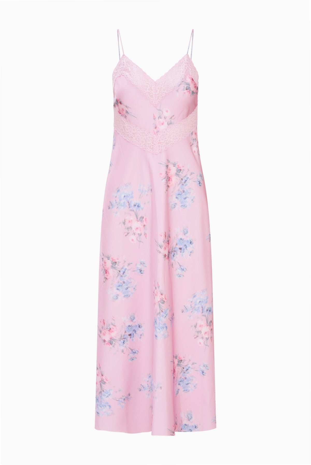 Satin maxi dress with spaghetti straps, lace trim, buffed rose floral print