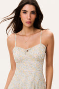 Floral mini sundress with spaghetti straps, V-neckline, and gathered bodice