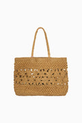 Tan straw tote bag with floral lace crochet panel and braided handles