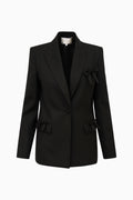 Black wool-blend blazer with notched lapel and bow-trim pocket flaps