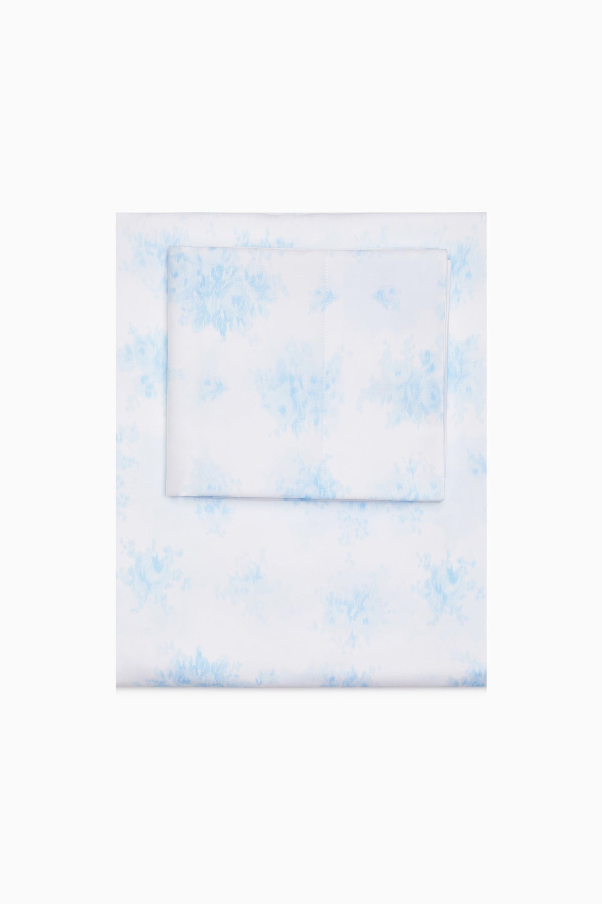 Light blue floral sheet set folded, includes flat sheet and pillowcases