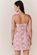 Pink beaded bow mini dress with thin straps, open back view, diamond lattice